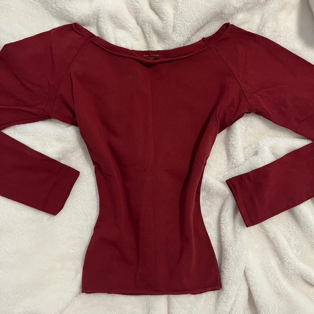 red burgundy slim fitted off shoulder long sleeve top